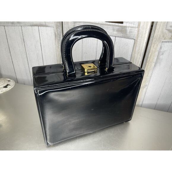Vintage Black Patent Leather Structured Handbag Box Satchel With Lock 60s 50s - Picture 3 of 9